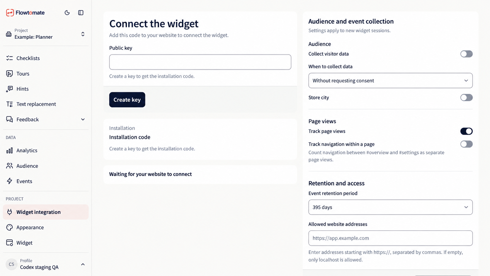 Data collection, consent mode, and allowed address settings in a test project