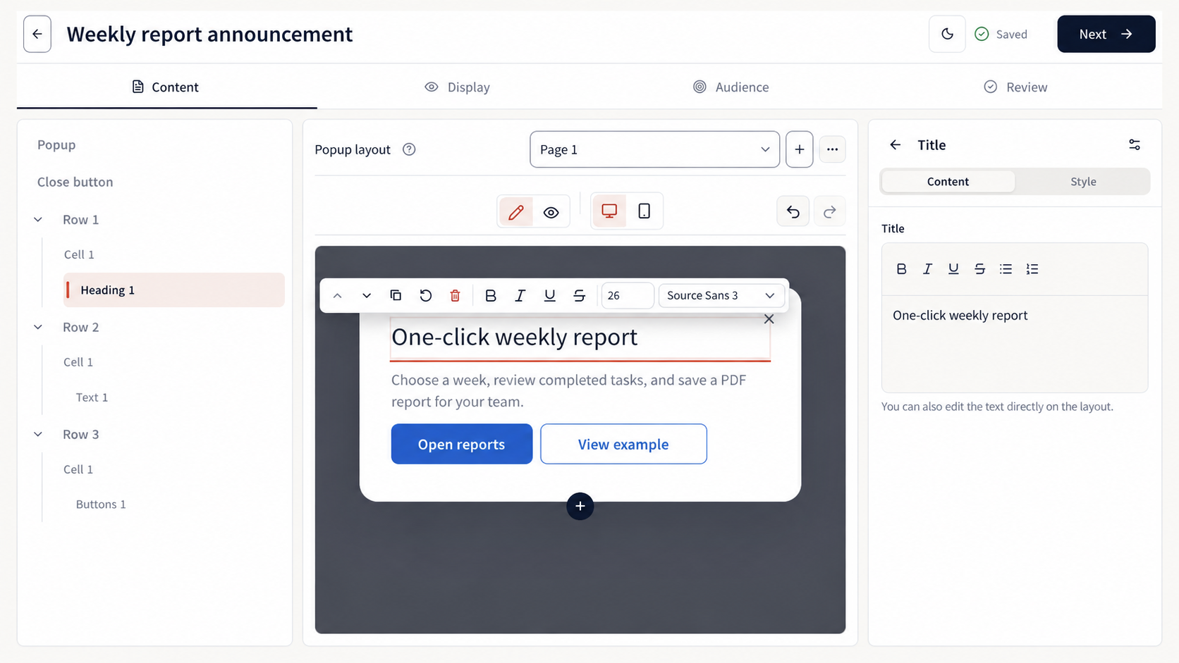 Popup builder with a heading selected