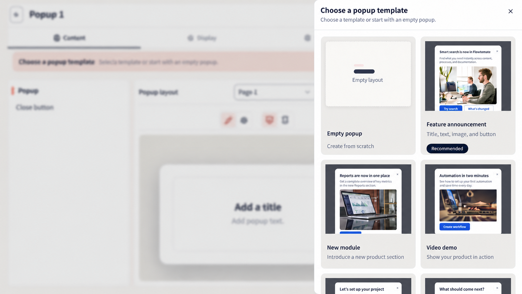 Template catalog when creating a popup