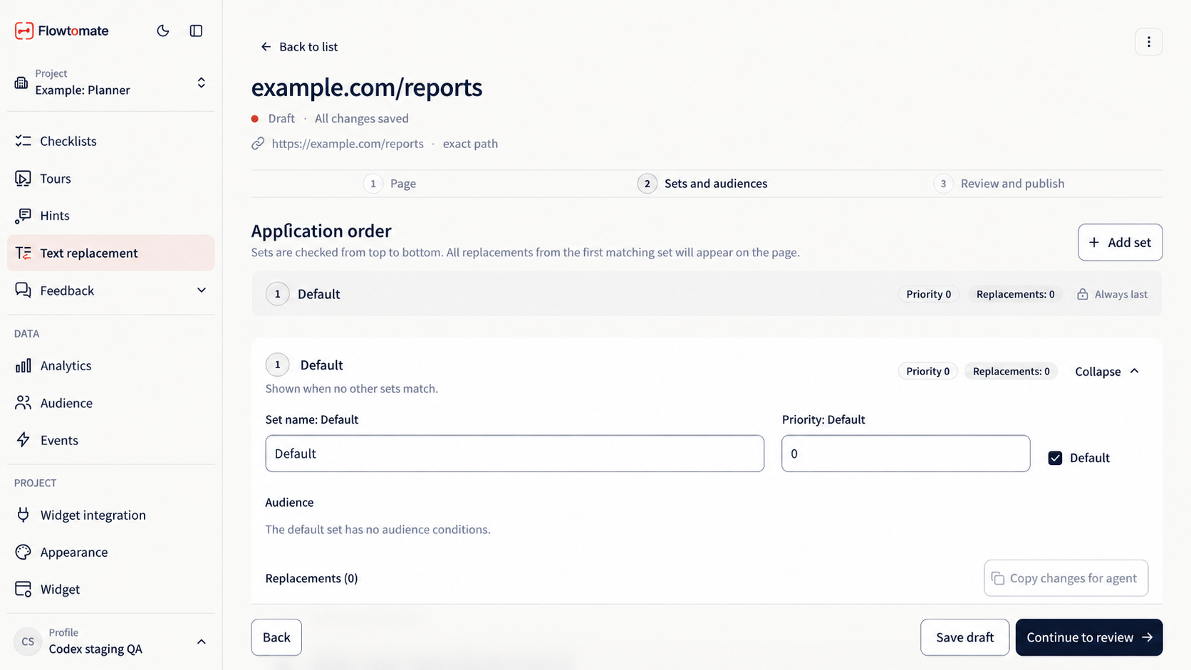 Created text replacement page with an empty default set
