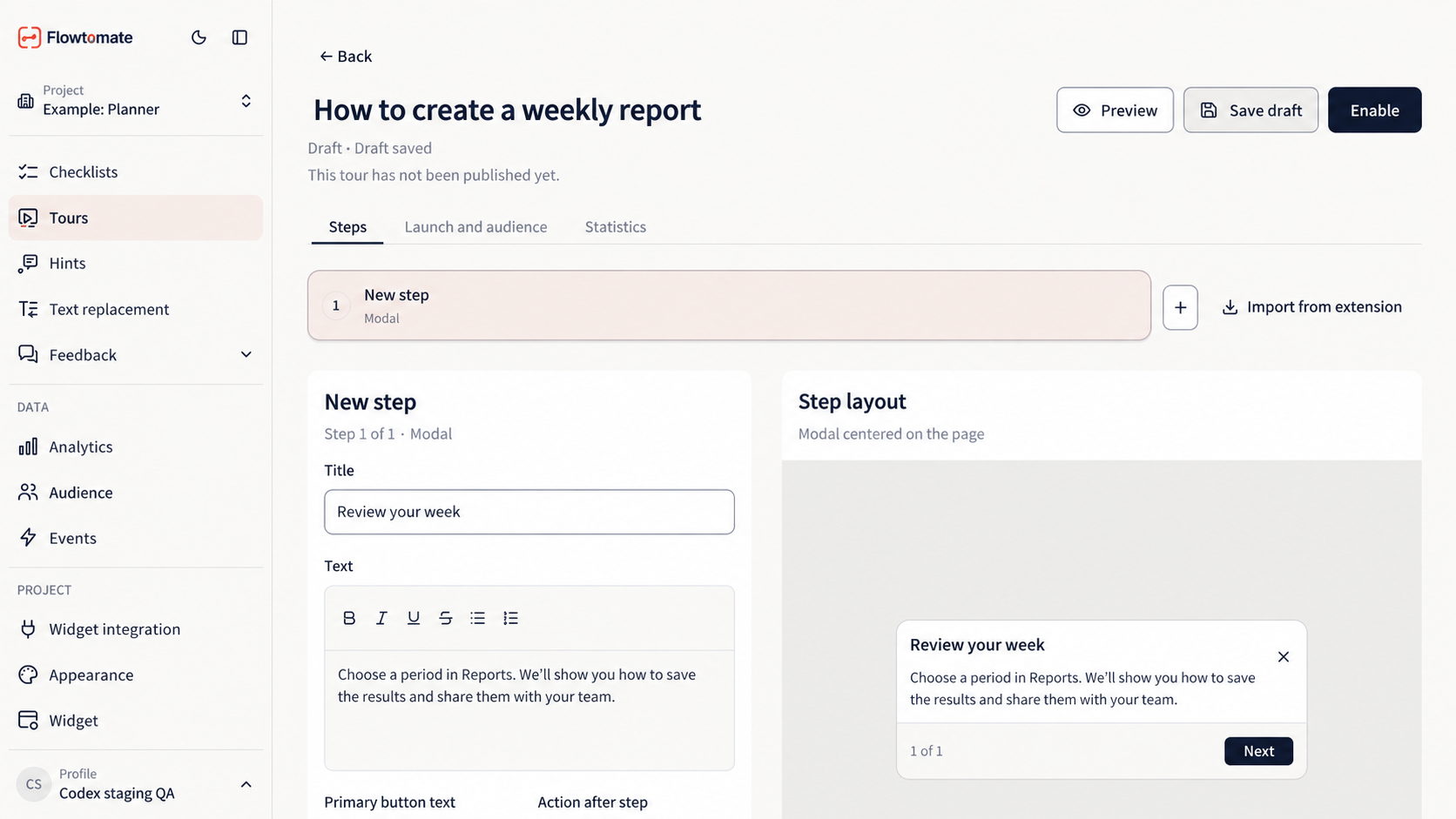 Tour draft editor with a modal step