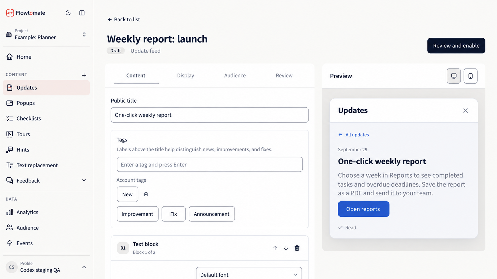 Draft update editor with a public title and text